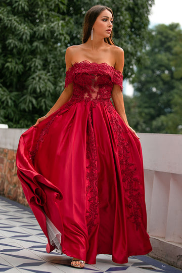 Vestido de fiesta largo rojo fuera del hombro